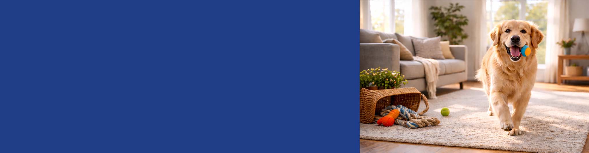 Happy golden retriever playing indoors in a modern American home