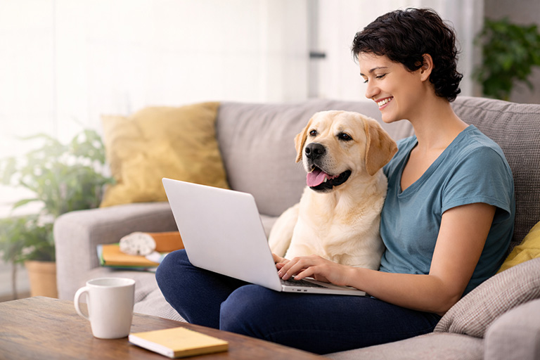 Pet owner using laptop with Labrador for online pet store customer support