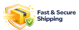 Fast and secure shipping badge with delivery box and shield icon for online pet store