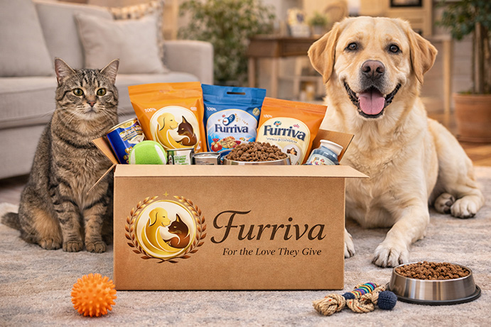 Labrador and tabby cat with premium pet supplies box at home