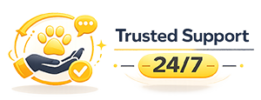 Trusted Support 24/7 badge icon with paw-themed customer service symbol for pet store